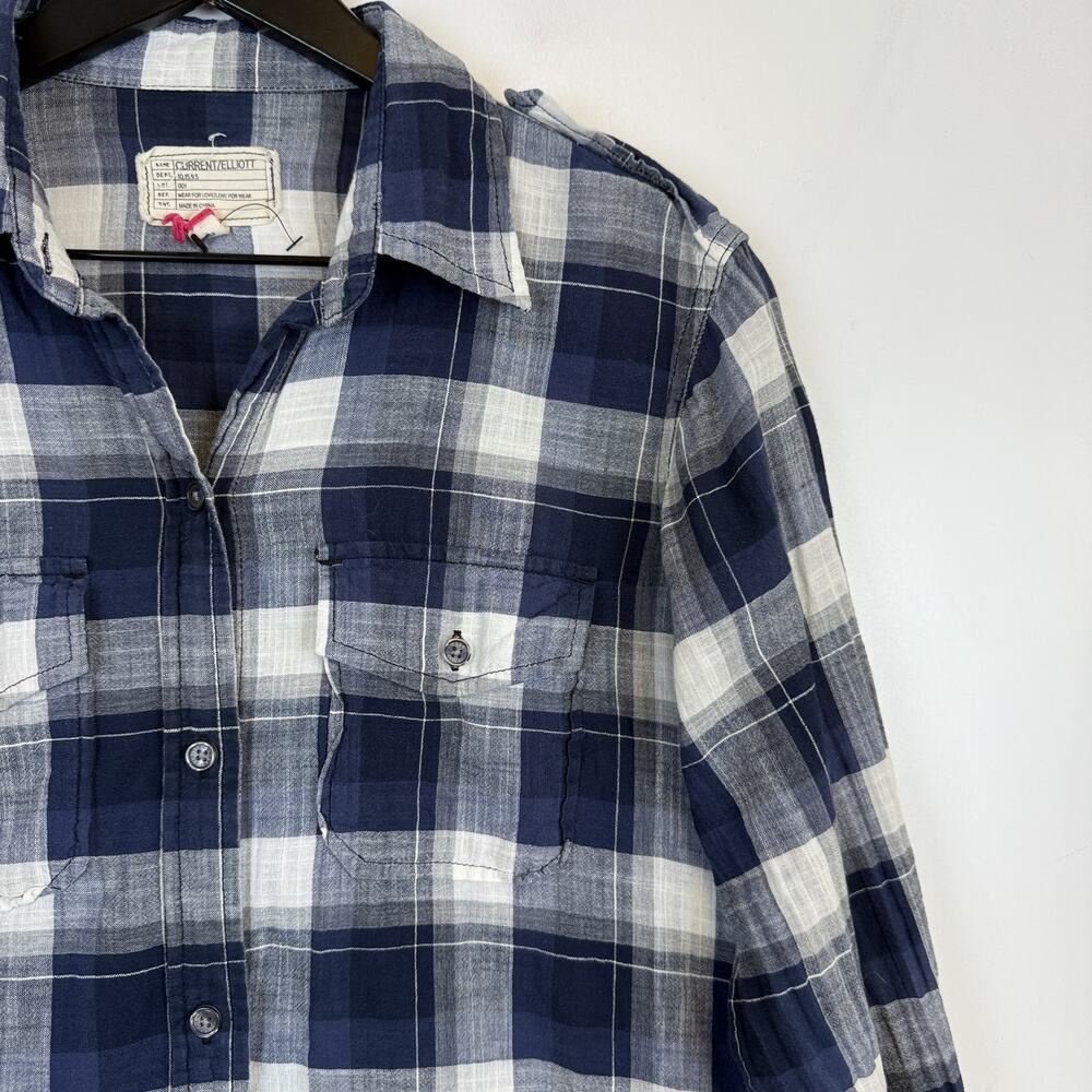 Current/Elliott Checks Button Up Shirt Blue 100% Cotton Womens - Size 1 (Small) - Picture 2 of 7